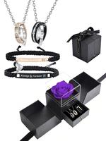 Valentine's Day Couple Jewelry Set with Rose Box, Including Rhinestones Decor Pendant Necklace & Heart Charm Bracelet, Adjust...