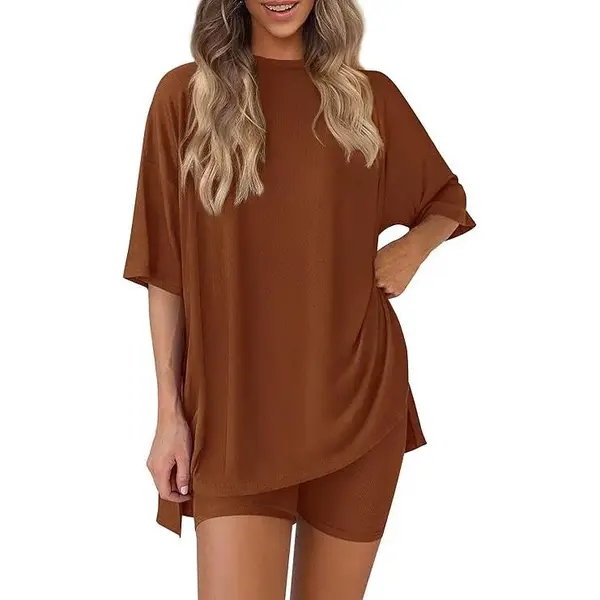 Women's Summer Two-Piece Set 2025 Casual Oversized Crewneck Split Hem Shirts & Side Pocket Biker Shorts Minimalist Lounge Wea...