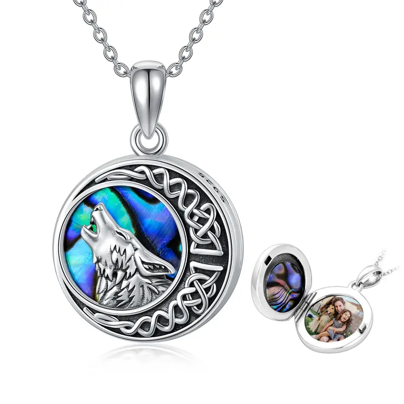 Sterling Silver Round Abalone Shellfish Wolf & Celtic Knot & Moon Personalized Photo Locket Necklace With Engraved Word For W...