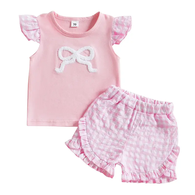 Toddler Baby Girl Summer Clothes Infant Bow Embroidery Plaid Shorts Set Cute Short Sleeve T Shirt 2 Piece Matching Clothing B...