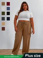 【Plus Size】Solid Drawstring Waist Cargo Pants, Casual Elastic Waist Pocket Trousers for Women, Pants for Women, Fashion C...