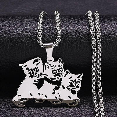 304 Stainless Steel Hollow Cute Cat Pendant Necklaces for Women