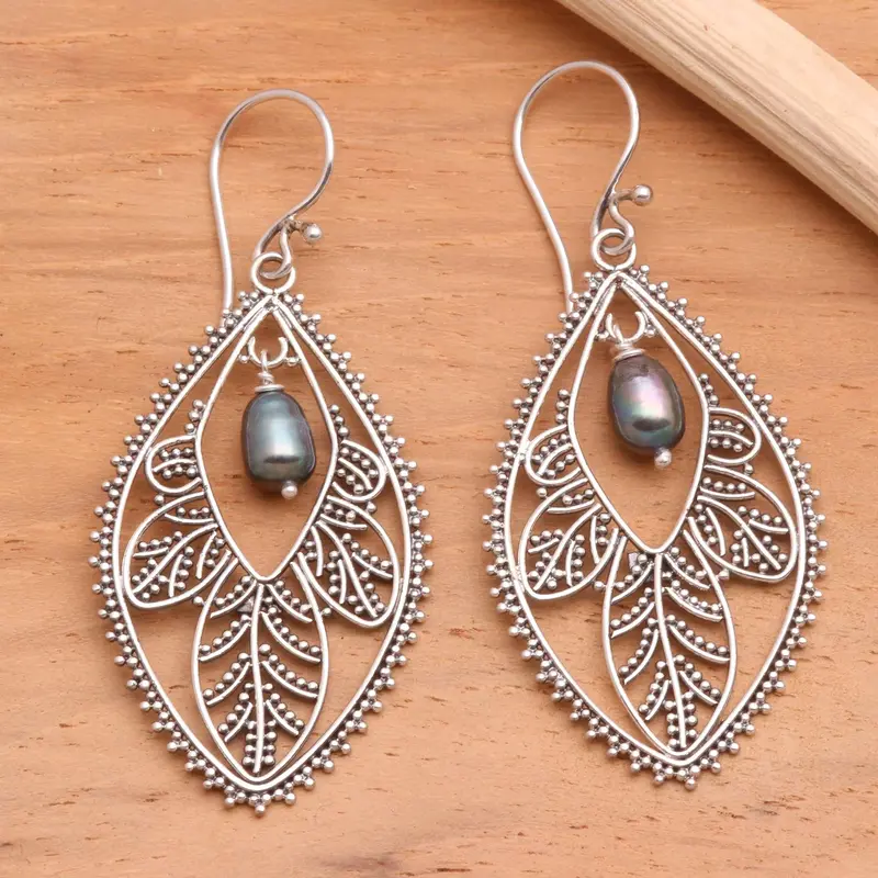 NOVICA Black Dogwood Sterling Silver and Pearl Dangle Earrings