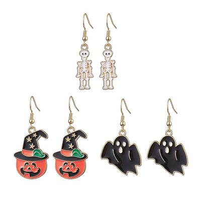 3Pairs 3 Styles Halloween Alloy Enamel Dangle Earrings