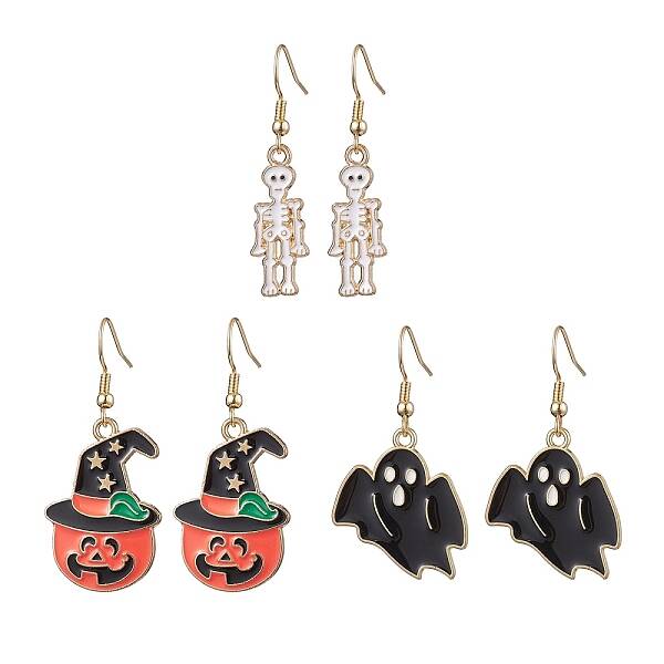 3Pairs 3 Styles Halloween Alloy Enamel Dangle Earrings
