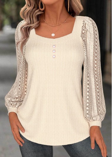 Modlily Beige Long Sleeve Heart Collar T Shirt - L