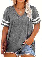 【Plus Size】 Striped Print V Neck Tee, T Shirts for Women, Casual Short Sleeve T-shirt for Summer, Summer Top, Women's Plu...