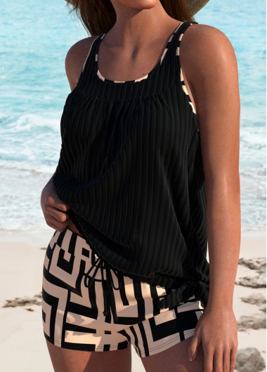 Modlily Contrast Binding Geometric Print Black Tankini Set - S