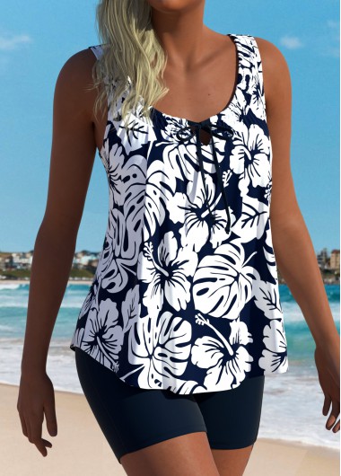 Modlily Navy Mid Waisted Tropical Plants Print Tankini Set - XL