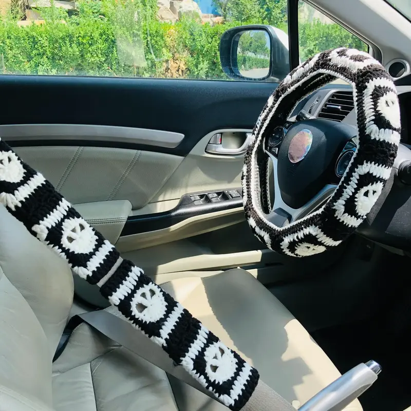 Car Steering Wheel Cover, Handmade Crochet Car Steering Wheel Protector & Seat Belt Cover, Car Interior Decoration Accessorie...
