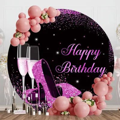 Purple Glitter High Heel Round Birthday Backdrop - Aperturee