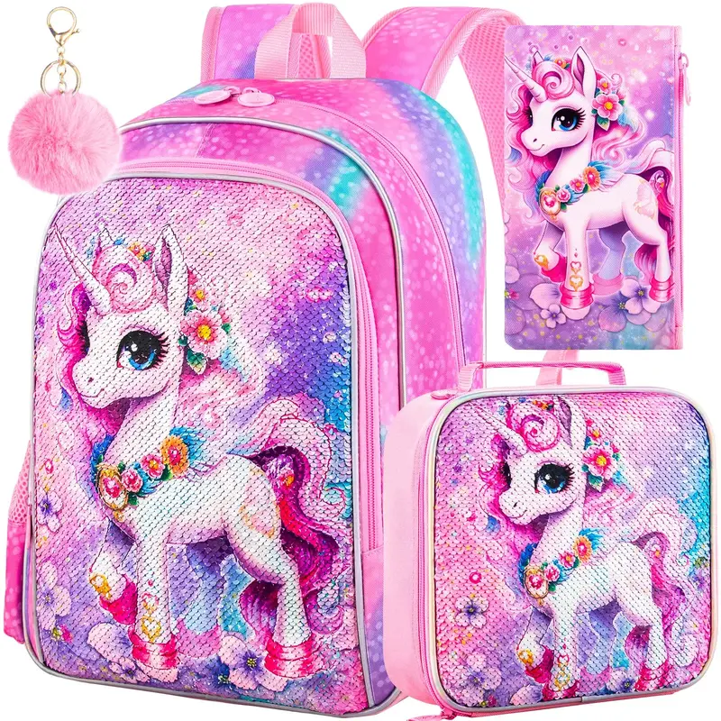 3PCS Unicorn Backpack for Girls, 16”Kids Sequin Bookbag with Lunch Box, Water Resistant School Bag for Elementary Preschool...