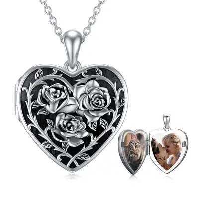 Sterling Silver with Black Rhodium Rose Personalized Photo Locket Necklace