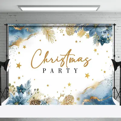 Blue Floral Gold Star Merry Christmas Party Backdrop