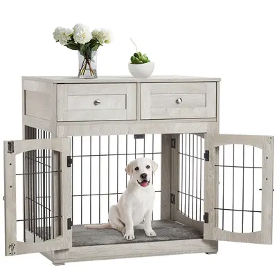 Garvee Dog Crate Furniture with Cushion,Wooden Dog Crate Table with 2 Drawers, 3-Doors Dog Furniture, Indoor Dog Kennel House...