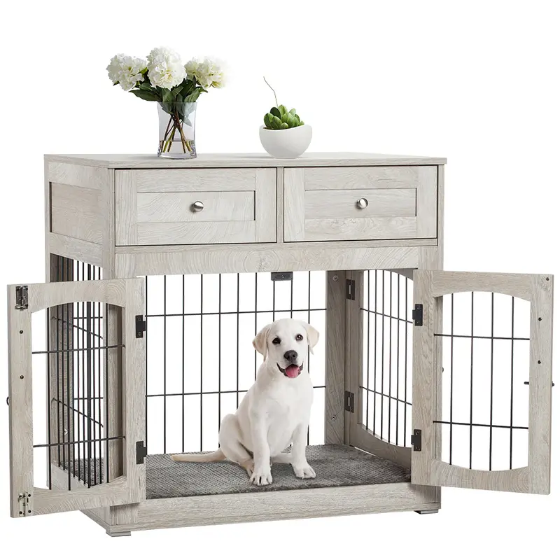 Garvee Dog Crate Furniture with Cushion,Wooden Dog Crate Table with 2 Drawers, 3-Doors Dog Furniture, Indoor Dog Kennel House...