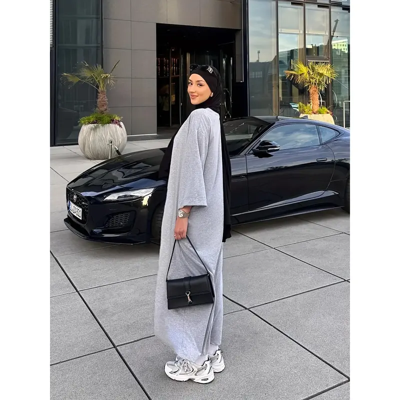 Plus Size Casual Kaftan Abaya - Solid Color, All-Season Polyester, Slight Stretch, Open Front Cardigan Style, Middle East Col...