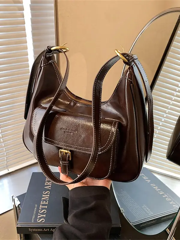 Women's Solid Color Belted Design Hobo Bag, Fashionable Pu Leather Shoulder Bag for Daily Used, Casual Trendy Versatile High-...