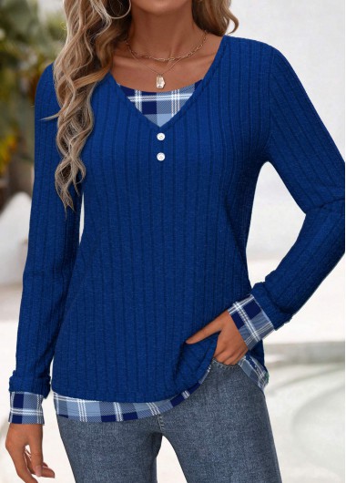 Modlily Blue Button Plaid Long Sleeve Fake Two Piece Twinset - XXL