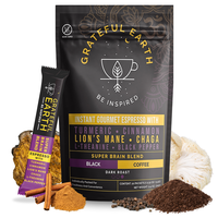 Grateful Earth Mushroom Coffee, Espresso Instant Coffee with Cinnamon, Turmeric, Lion’s Mane Mushrooms, L-Theanine, Chaga S...