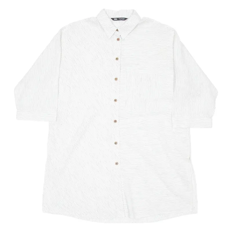 ZARA Oversized Womens Printed Shirt White Collared 3/4 Sleeve Striped M