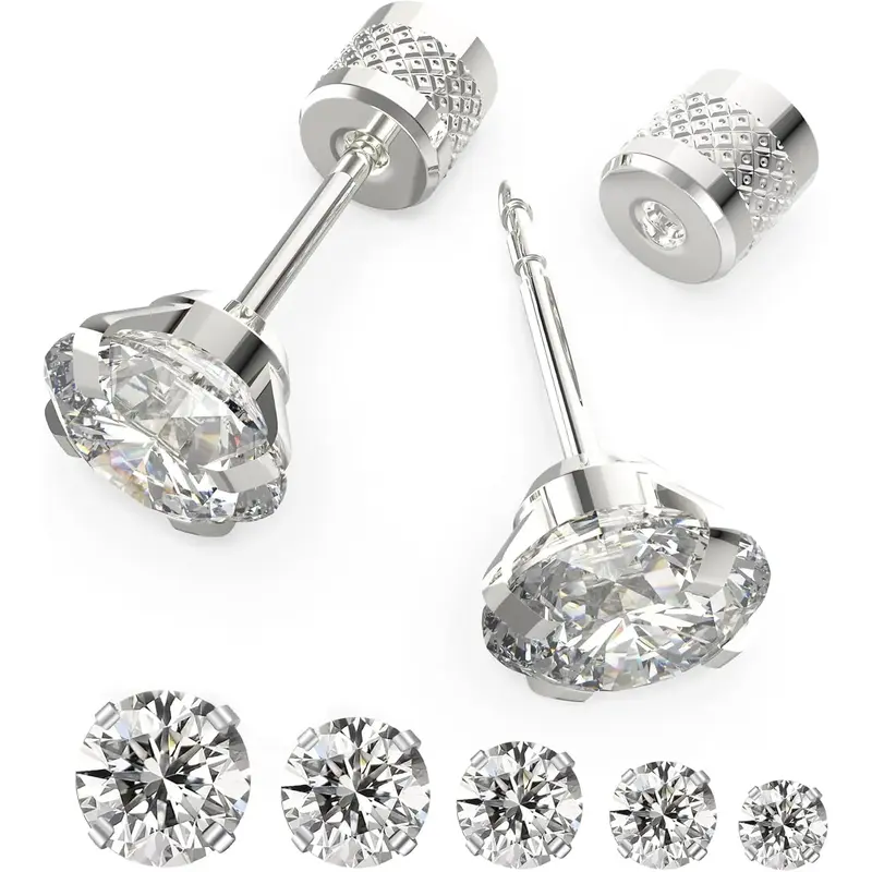 5 Pairs Push-in Flat Back Stud Earrings Hypoallergenic Surgical Stainless Steel Cubic Zirconia Earrings Studs Set Multi-Pack,...