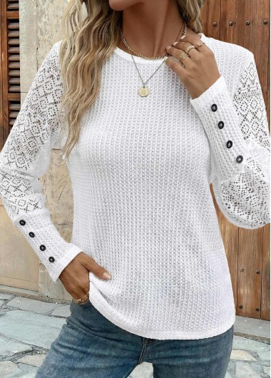 Modlily White Patchwork Long Sleeve Round Neck T Shirt - XL