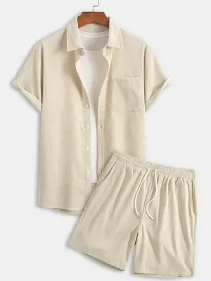 Two-piece Set Men's Solid Button Front Shortsleeve Shirt & Drawstring Waist Shorts Corduroy Set without Tee, Regular Fit Casu...