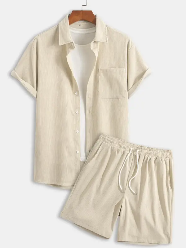 Two-piece Set Men's Solid Button Front Shortsleeve Shirt & Drawstring Waist Shorts Corduroy Set without Tee, Regular Fit Casu...