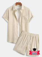 Two-piece Set Men's Solid Button Front Shortsleeve Shirt & Drawstring Waist Shorts Corduroy Set without Tee, Regular Fit Casu...