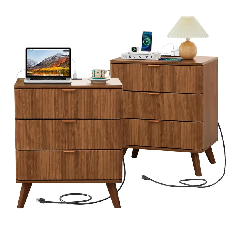 Giratree  3 Drawer Farmhouse Nightstand Set of 2 with Charging Station, Mid Century Modern Wide Nightstand with Drawers, Flut...