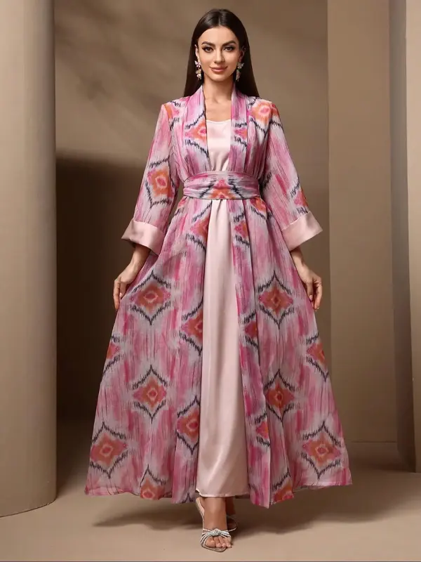 Women's Floral Print Long Sleeve Open Front Kimono & Belted Dress Set, Modest Two-piece Set for Daily Wear, Ladies Clothes fo...