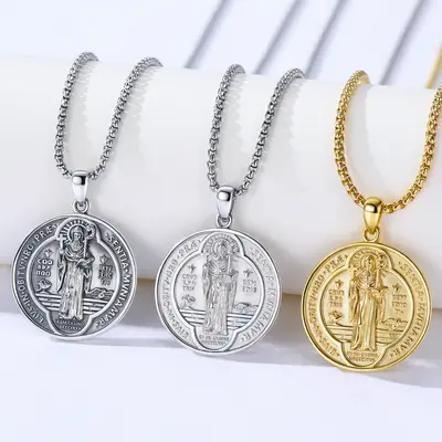 DRINSPER San Benito plata 925 colgante collar, Saint Benedict Pendant Necklace, 925 Sterling Silver, Vintage St Benedict Meda...
