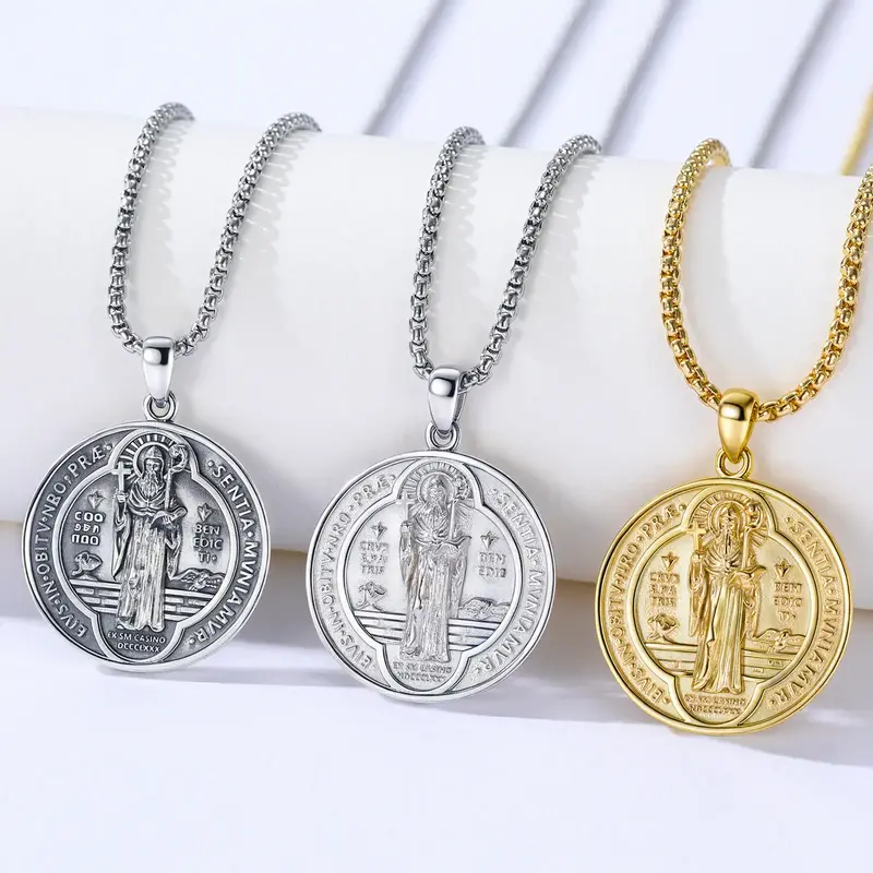 DRINSPER San Benito plata 925 colgante collar, Saint Benedict Pendant Necklace, 925 Sterling Silver, Vintage St Benedict Meda...