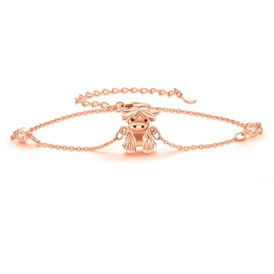 Sterling Silver with Rose Gold Plated Cubic Zirconia Highland Cow Charm Bracelet