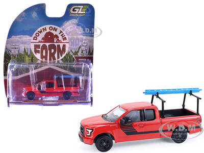 2015 Ford F-150 Pickup Truck with Ladder Rack Red with Black Stripes Down on the Farm Series 11 1/64 Diecast Model by Green...
