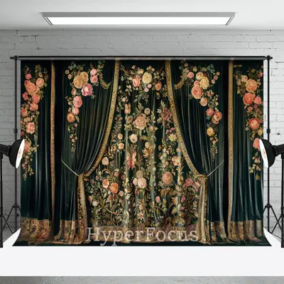Royal Luxury Green Floral Curtain Fine Art Backdrop - Aperturee