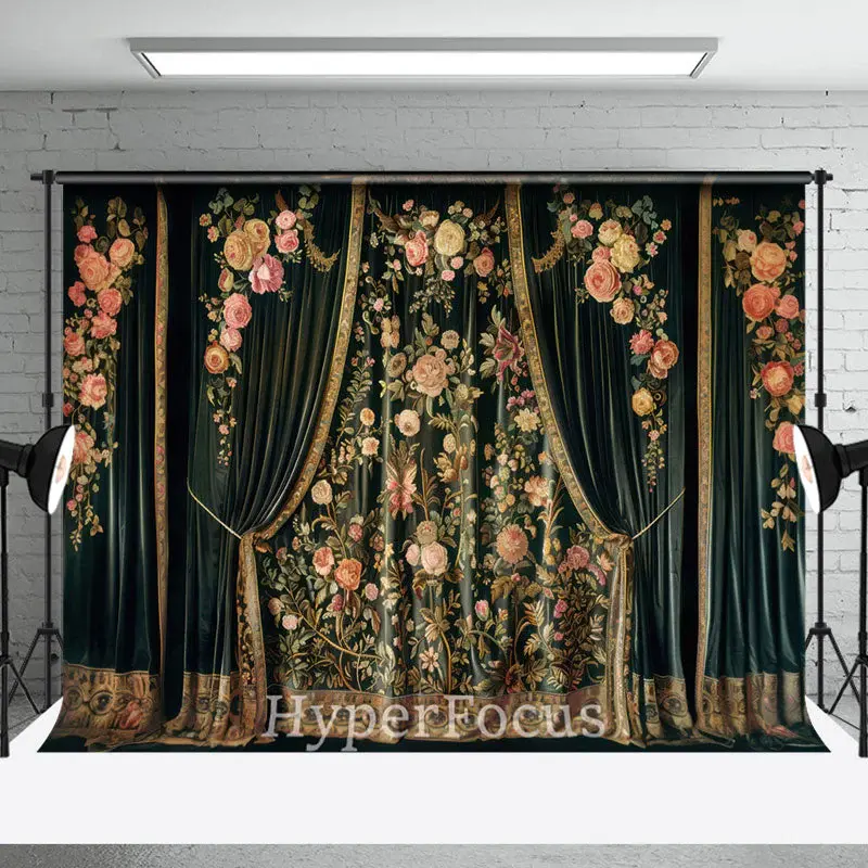 Royal Luxury Green Floral Curtain Fine Art Backdrop - Aperturee