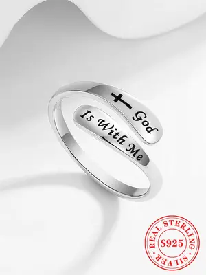 925 Sterling Silver Fashion Cross & Letter Design Cuff Ring, 2024 New Style Fashion Jewelry for Party, Daily Clothing Decor, ...