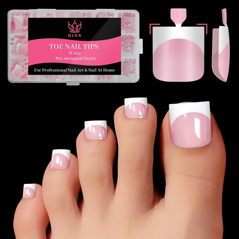 QIEK Toe Nail Press Ons French Tip,  #effortlessbeauty，Pre-Designed Fake Toenail Press Ons for Women DIY, Soft False Acryli...
