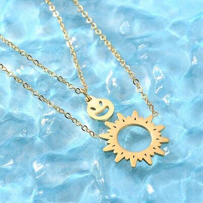 304 Stainless Steel Sun and Smiling Face Pendant Double Layer Necklaces for Women