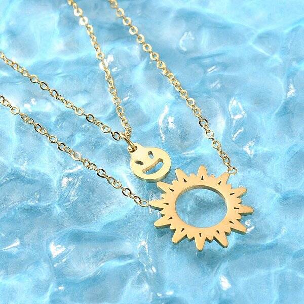304 Stainless Steel Sun and Smiling Face Pendant Double Layer Necklaces for Women