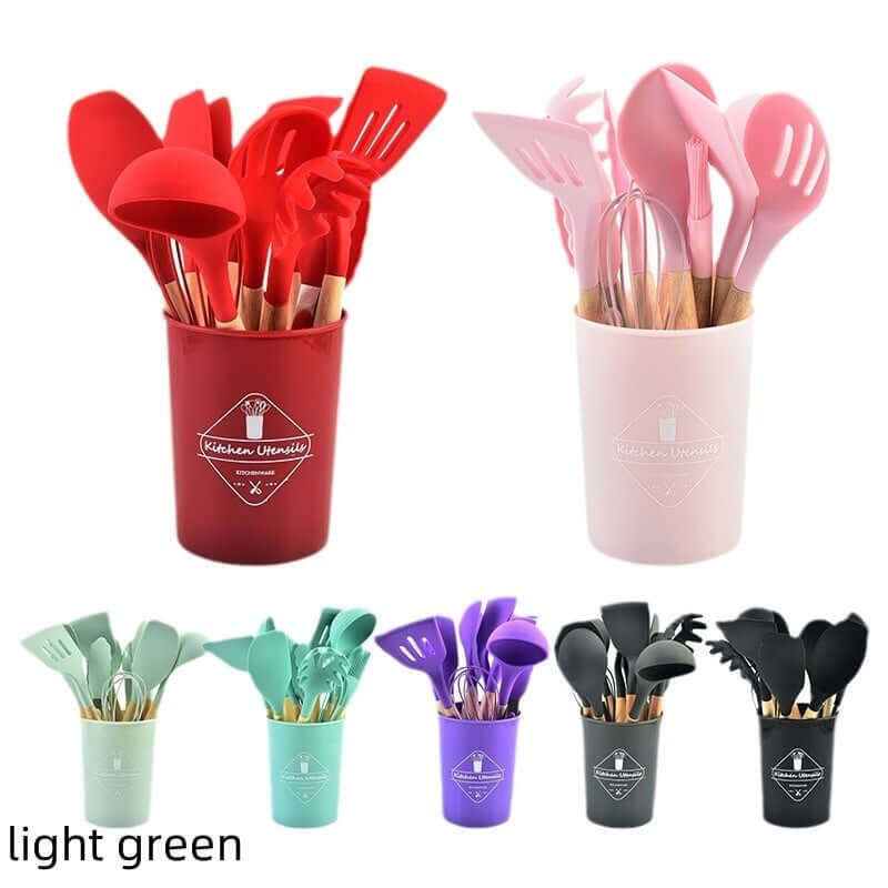 Wooden Handle Silicone 12-piece Cooking Non-stick Cooker Silicone Kitchenware | Color: 12piece set 700g lightgreen