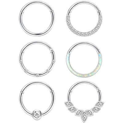 FLORIDECO 6Pcs Surgical Steel 16G 18G Septum Rings Nose Rings Hoop for Women Opal CZ Daith Cartilage Hoop Earring Clicker Sep...