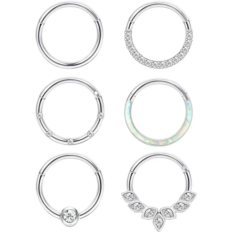 FLORIDECO 6Pcs Surgical Steel 16G 18G Septum Rings Nose Rings Hoop for Women Opal CZ Daith Cartilage Hoop Earring Clicker Sep...