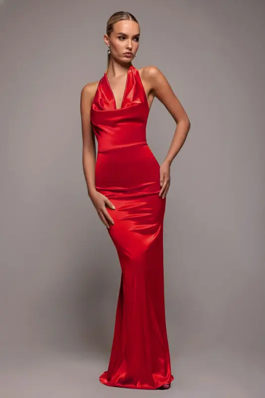 Goddiva Halter Cowl Neck Back Maxi Dress - Red