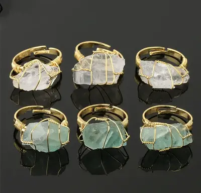 Chakra Crystal Wire Wrapped Irregular Ring ,Raw Healing Crystal Adjustable Gemstone Ring Jewelry  for Women Girls