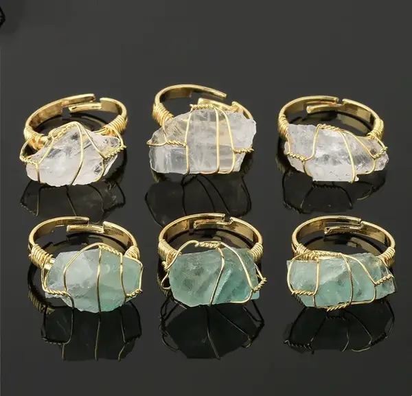 Chakra Crystal Wire Wrapped Irregular Ring ,Raw Healing Crystal Adjustable Gemstone Ring Jewelry  for Women Girls