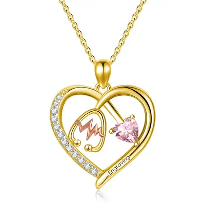 10K Gold & Rose Gold Heart Cut Cubic Zirconia Personalized Birthstone Stethoscope Necklace for Women