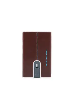 Piquadro Mahogany Leather Credit Card Holder with Blue Sliding System and Money Clip PP5358B2R Men